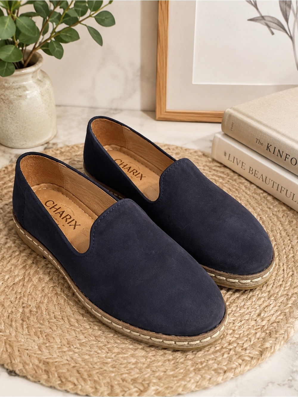 CHARIX Navy Suede Slip-On Flats for Women